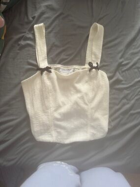 Buckle Cream Textured Square-Neck Crop Camisole with Black Bow Details